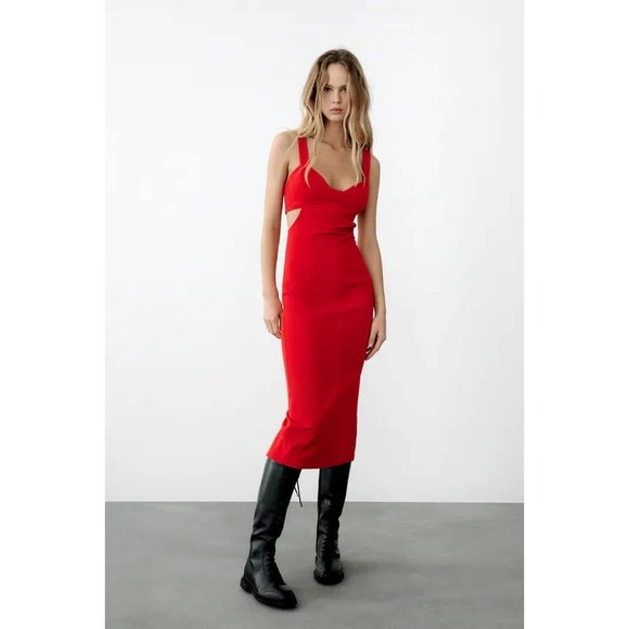 ZARA Blogger  Red Strappy Cut Out Midi Dress 9878/189 Large NWT - Picture 2 of 10